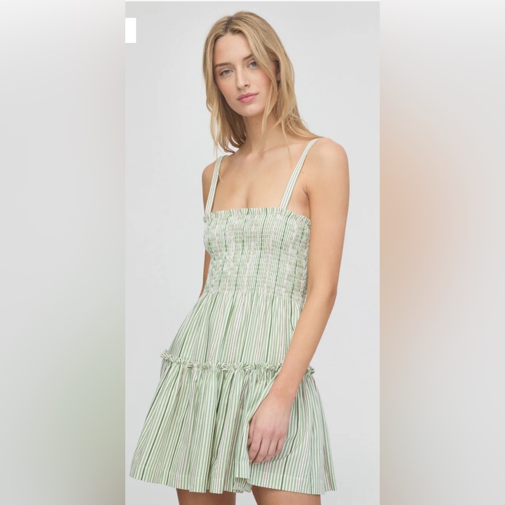 Hill House Seraphina Mini Nap Dress Green and White Striped Smocked Sundress